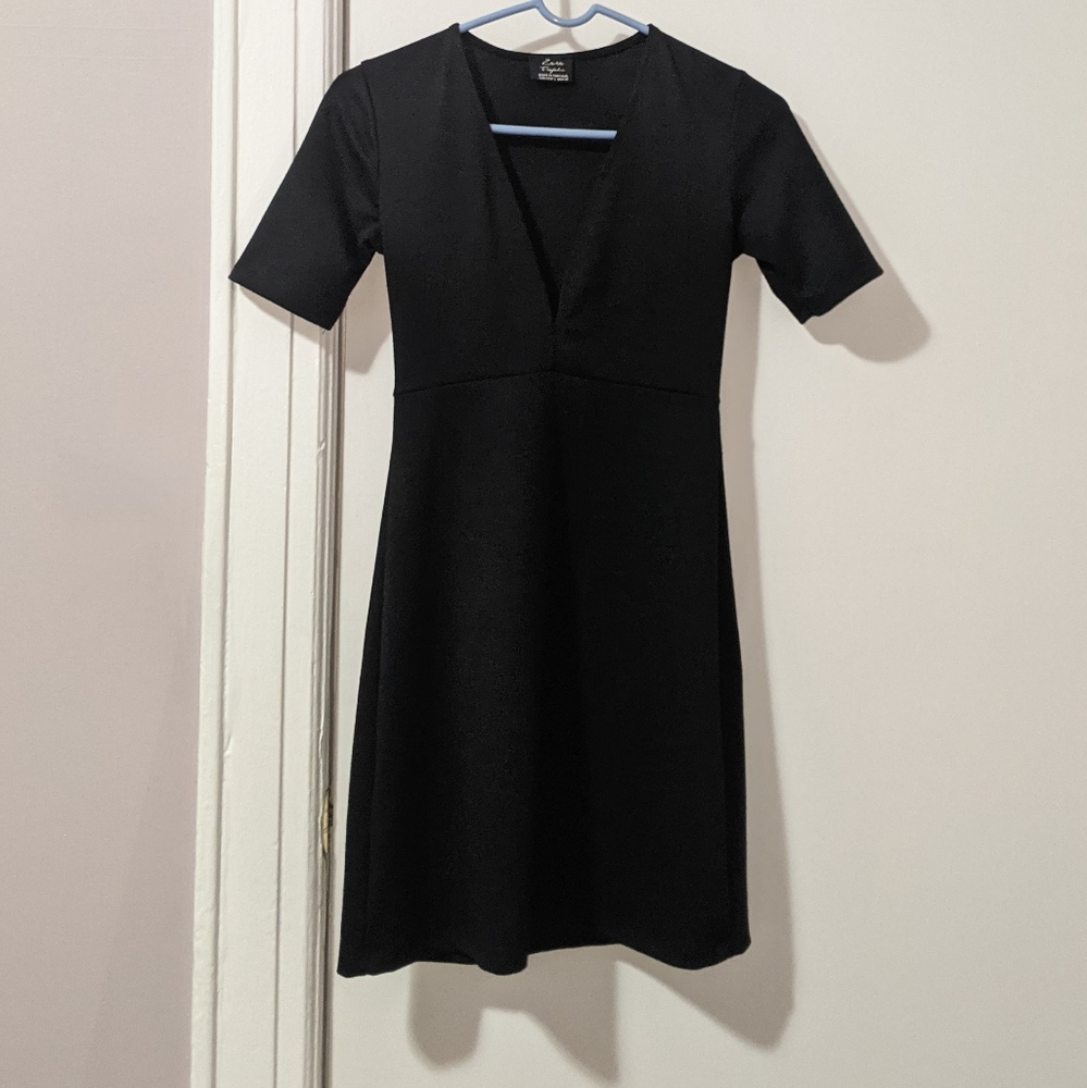 Zara little black dress short sleeve deep v small